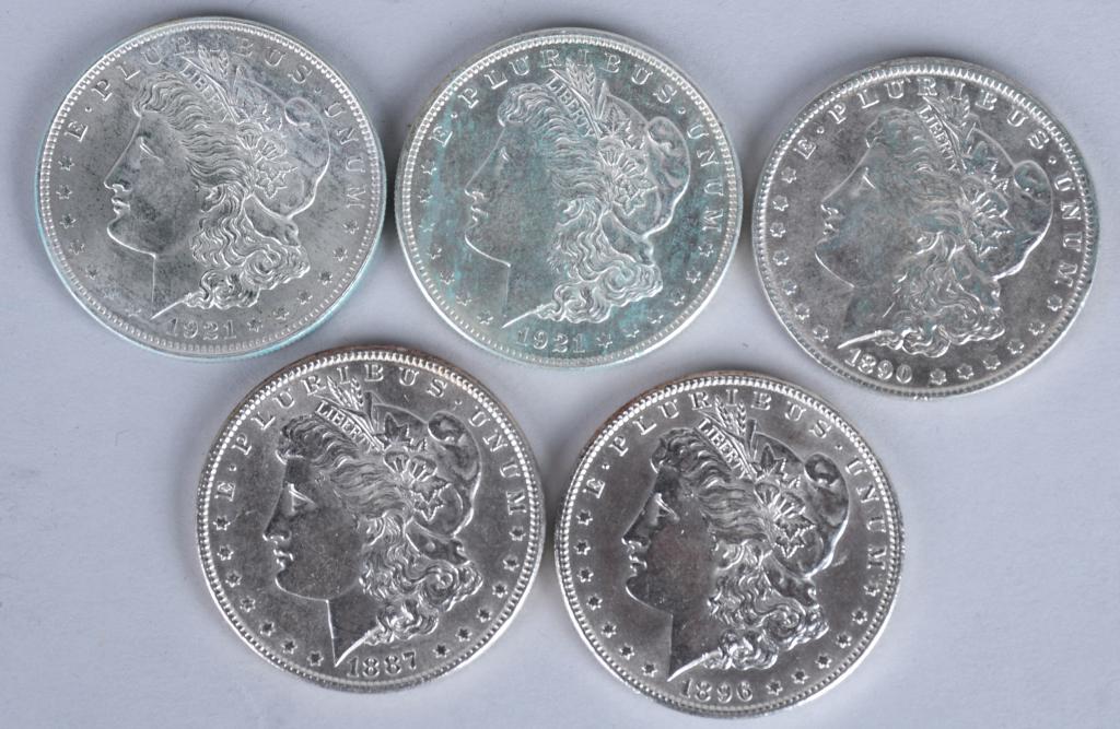 5- MORGAN 90% SILVER DOLLARS, UNC (1 of 2)