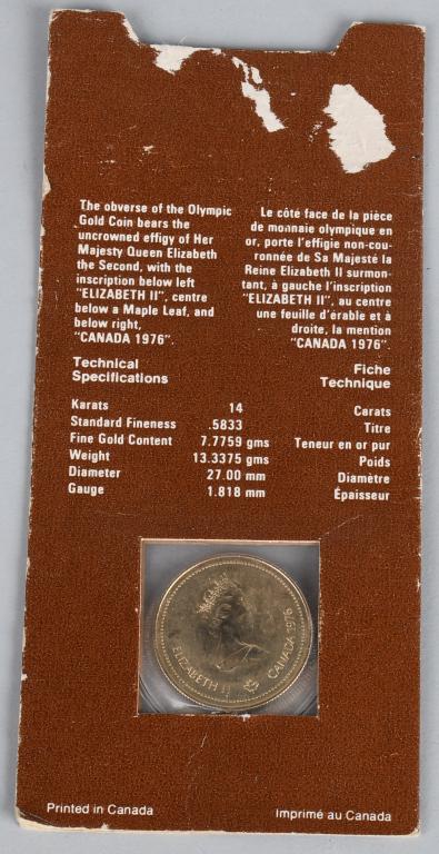1976 CANADIAN 14K GOLD $100.00 COIN, UNC: Coin commemorates the Montreal Olympics. Struck in 14 karat gold and weighs 7.7759 grams. UNC