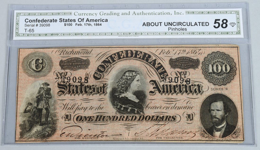 CONFEDERATE $100.00 BANK NOTE, CGA, AU58 (1 of 2)