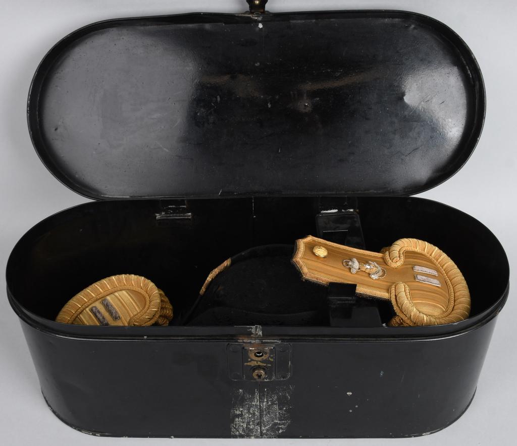 INTERWAR US NAVY FORE & AFT HAT & EPAULETS ID'D: Accompanied by a handwritten note which says these items belonged to Captain C.G. Grazier, Medical Corps, US Navy -- Grazier was a medical officer who served the navy from 1937 to 1961 and was wounded