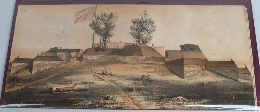 CIVIL WAR PRINT OF UNION PRISON CAMP: 18" x 8" chromolithograph of a Union Civil War era fort and prison camp manned by Union soldiers with the American flag flying overhead and cannon. Slight discoloration and age wear. Missing one corne