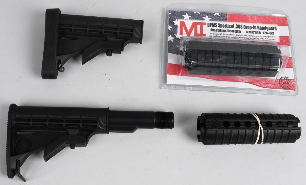 2 M4 RIFLE SETS BUTTSTOCKS AND HANDGUARDS RUGER: M4 hand guards marked "RUGER" - carbine length, appear unused and M4 butt stock, also unused. M4 collapsible butt stock attachment with rubber butt, unsigned, like new. Also includes Midwest Industrie