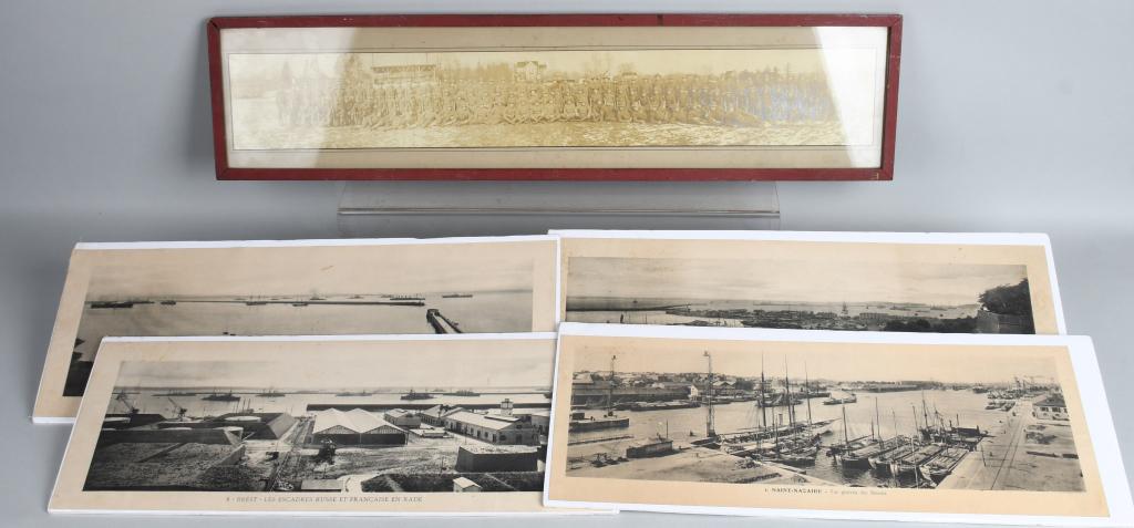 6 WWI US PANORAMIC PHOTOGRAPHS BREST FRANCE: Includes 6 wartime panoramic or "yard long" black and white / sepia photographs of camps, scenes, and shipyards in and around Brest France, a key troop reception and supply center during World War I. 