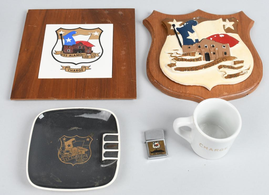 5 PC US NAVY SHIP USS ALAMO SAILOR KEEPSAKE LOT: 5 pieces of memorabilia from the estate of career sailor Robert G. Tinley who served in the Navy during World War II, Korea, and Vietnam. Lot includes a hand-painted coffee mug, a porcelain ash tray, 