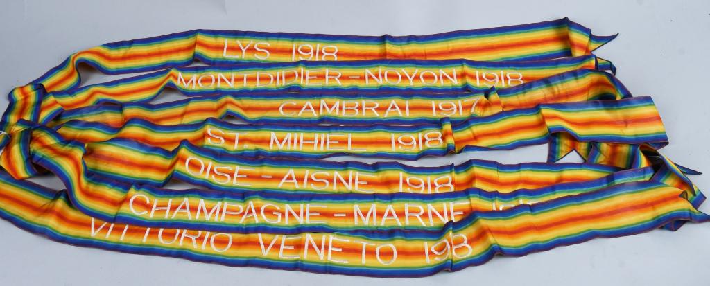 7 WORLD WAR 1 US ARMY BATTLE STREAMERS: Battle Streamers or Campaign streamers are decorations attached to military flags to recognize particular achievements or events of a military unit or service. Attached to the headpiece of the assigne