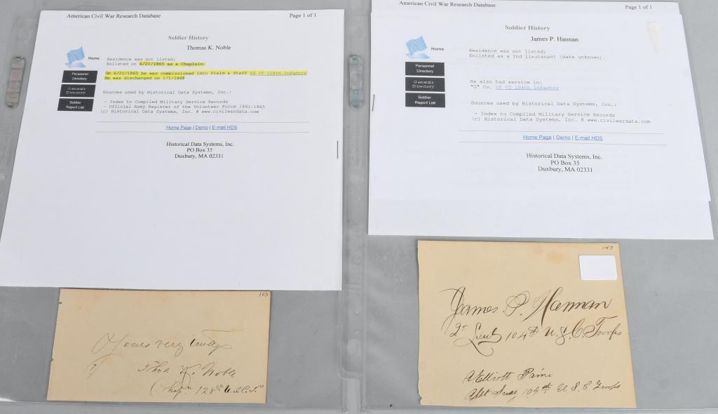 CIVIL WAR US LOT OF 4 UNION SOLDIER SIGNATURES: Lot of 4 Civil War era signatures, apparently cut from an autograph book. Includes 2nd Lt. James P. Hannan, who served in Company G, 104th US Colored Troops; H.A. Johnson who served as a 1st Lieutenan