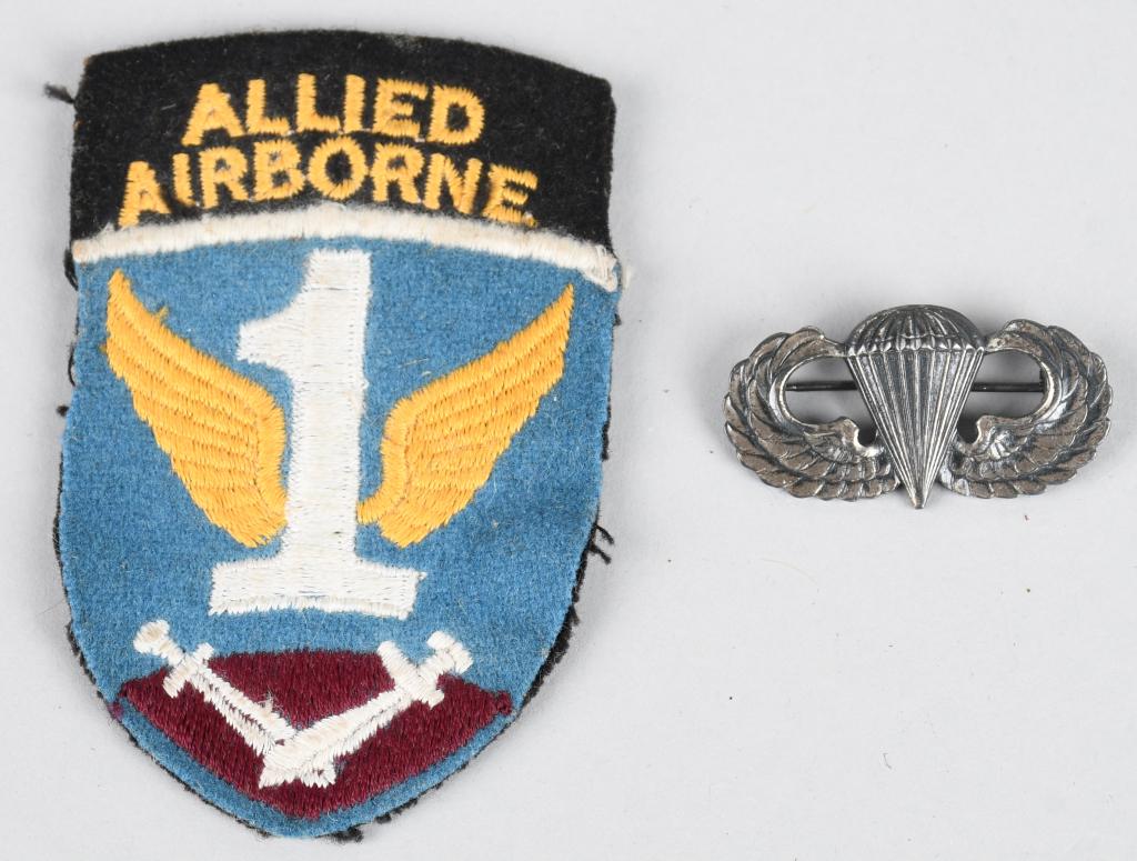 WWII ALLIED AIRBORNE ENGLISH MADE PATCH & WINGS: WWII US Army Airborne 1st Allied Airborne English felt made shoulder patch. Also in the grouping is a WWII pin back paratrooper qualification jump wings in sterling. The First Allied Airborne Army was