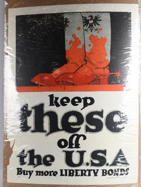 3 WWI LIBERTY BOND POSTERS: Lot of 3 World War I era Liberty Bond posters. One depicts a pair of spurred boots and reads "Keep These off the USA" one asks Americans "Must Children and Mothers plead in vain?" and one depicts a ci