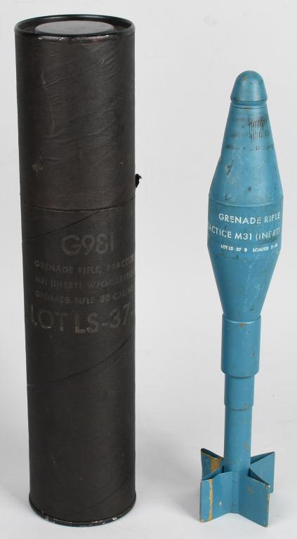 VIETNAM US M31 PRACTICE GRENADE IN ORIGINAL TUBE: *INERT* US ARMY M31 PRACTICE RIFLE GRENADE. Approximately 17" tall, comes in original 2-piece packaging and shipping tube, stamped "Grenade Rifle, Practice, M31 (INERT) w/o cartridges Grenade Rifle 30