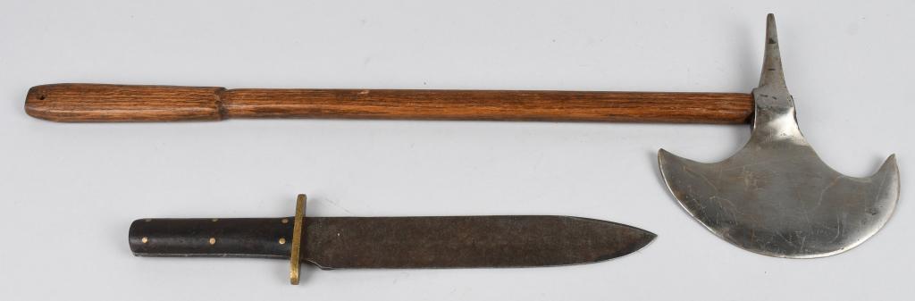 PALMETTO ARMORY BOWIE KNIFE REPLICA + BATTLE AXE: 10" blade, 15" overall, with heavy age and wear to the cross guard and blade. No scabbard. 6 pins or rivets in the grip. Marked "Palmetto Armory 1861" at the ricasso. Comes with battle-axe style weapo