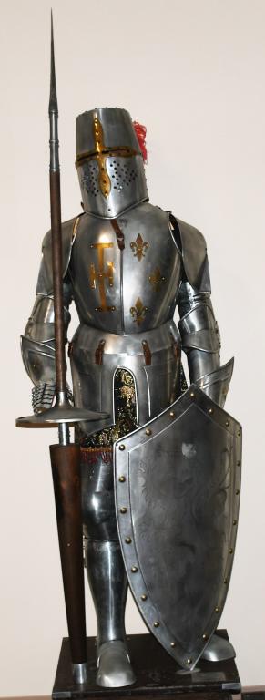 SPANISH JOUSTING SUIT OF ARMOR LIFE SIZE REPLICA: MARTO, MADE IN SPAIN, JOUSTING SUIT OF ARMOR, H 79" WITH STAND, SHIELD, AND JOUSTING LANCE :A Spanish jousting suit of armor constructed from polished steel is a full-sized replica suit of 16th-centur
