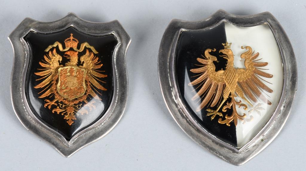 WW1 IMPERIAL GERMAN PATRIOTIC PINS IN STERLING: WWI Imperial German patriotic pins or brooches in STERLING are can be worn as a necklace or brooch. Badges are shield shaped with the Prussian Eagle.