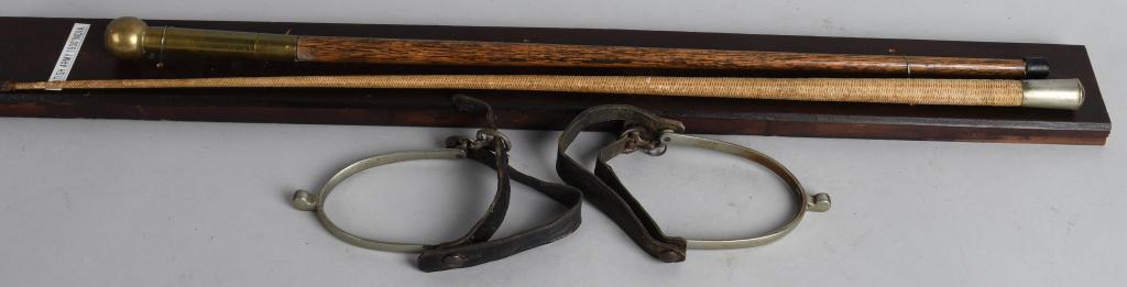 BRITISH ARMY CAVALRY RIDING CROP & SPURS + SWAGGER: Victorian era British Army cavalry officer's riding crop with British crest on the knob, later British wooden swagger stick with brass knob, and set of cavalry spurs. Spurs are marked "ENGLAND" and "R