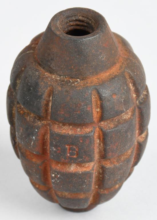 WWI MKI DEFENSIVE FRAGMENTATION GRENADE BODY: WWI era Mills style fragmentation grenade with "B" foundry mark and solid base. Mk1 "Defensive Fragmentation Grenade" - the predecessor to the MkII "pineapple grenade" made famous during World War II.