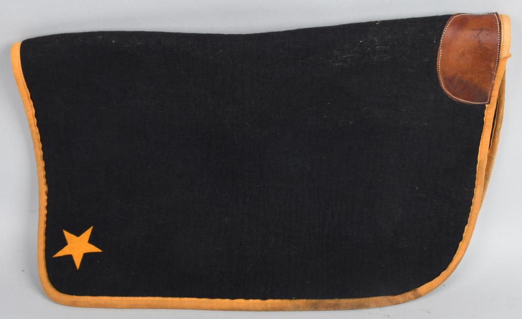 WWI US CAVALRY CHEVAC FOR ARMY GENERAL'S HORSE: WWI era wool saddle blanket or "Chevac." Thick wool, with yellow HBT trim, and felt stars on either side, with a leather tab near the center of one end. Cavalry yellow stars and trim. Still has horseh