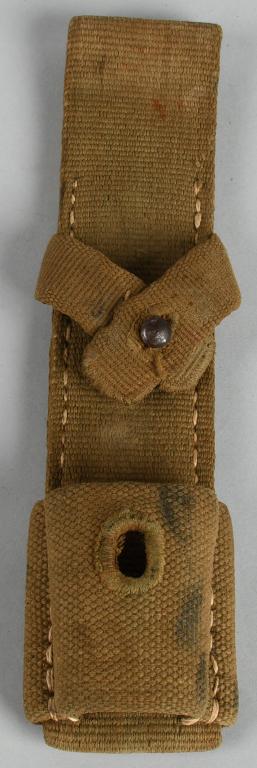 WWII NAZI GERMAN HEER TROPICAL K98 BAYONET FROG: Woven khaki/tan canvas web construction bayonet frog with a dual layered rectangular base with an opened belt loop to the top edge and a stitched on front bayonet pocket to the bottom edge. The centra