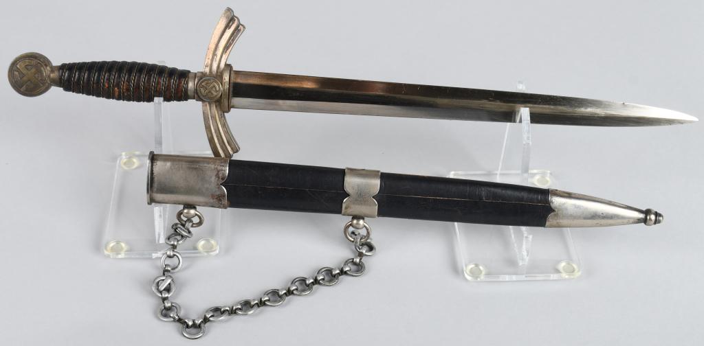 WWII NAZI GERMAN LUFTWAFFE DAGGER 1ST MODEL: Early (circa 1936-1937) roughly 30.5cm long bright nickel/silver plated drop forged steel double edged stiletto style blade with a flat central plane. The original pebbled blue leather washer is intac