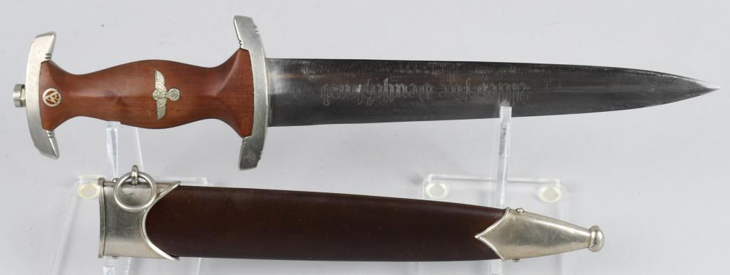 WWII NAZI GERMAN SA M33 DAGGER AUG. MERTEN: Early nice quality dagger features a roughly 8 3/4" (22.2 cm) long double edged nickel/silver plated drop forged steel construction blade with a low central ridge and a full length including the hilt 