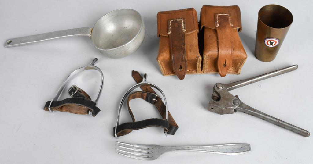 6 WWII NAZI GERMAN MESS KIT AND GEAR ITEMS: Small collcetion of WWII Nazi German field gear, mess gear, and more. Includes spurs, leather ammo pouch, punch, fork, ladle, and cup. Cup is engraved 1938 and has a German hunting club logo on the fr