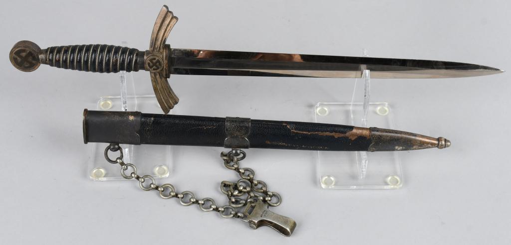 WWII NAZI GERMAN LUFTWAFFE FIRST PATTERN DAGGER: Early roughly 30cm long bright nickel/silver plated drop forged steel double edged stiletto style blade with a flat central plane. The blade is still very bright and clean and shows minimal light surf