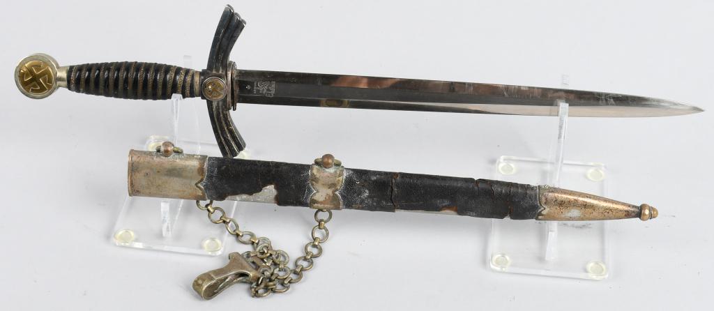 WWII NAZI GERMAN 1st MODEL LUFTWAFFE DAGGER: Maker marked on the blade Eickhorn, with logo. 12.1" blade, 17.75" overall length. Bright nickel/silver plated and drop forged steel double edged stiletto style blade with a flat central plane. The bl