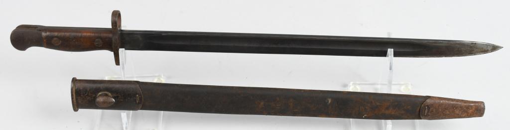 AUSTRALIA MARKED SMLE ENFIELD BAYONET: Short-Magazine Lee Enfield rifle bayonet and scabbard. Bayonet is marked "AUSTRALIA" on the grips, with broad arrow proofs, and signed "LITHGOW" at the ricasso. Scabbard shows age, but is stable; blad