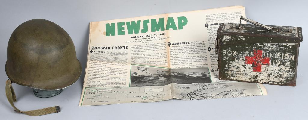 WWII US MEDIC KIT, TANKS MAP, AND HELMET: Small collection of WWII and Post-war US military items including a 1943 dated Government Printing Office publication called "NEWSMAP" covering the "194th Week of the War, 76th Week of US Participatio