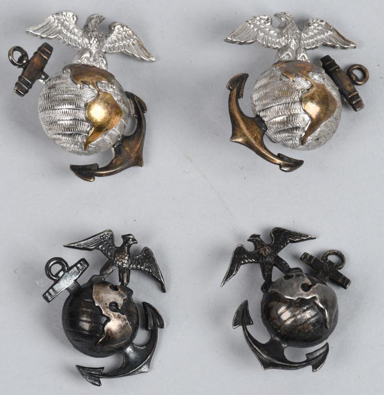 WWII US 2 SETS OF USMC OFFICER COLLAR EMBLEMS: 2 World War II era Matched sets of USMC Officer emblems. H&H Sterling marked set of silver with gold accent emblems for wear on the Dress Blues uniform collars, and a pair of H&H Imperial sterling mar