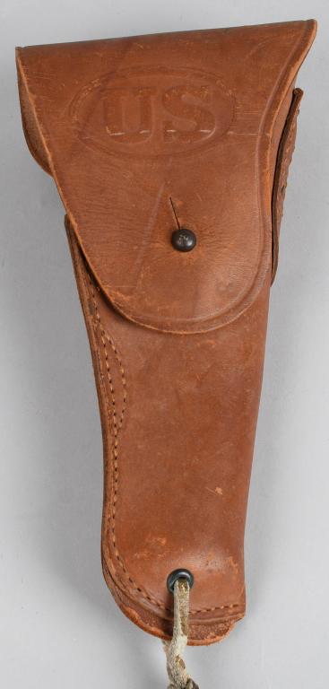 WWII US ARMY M1911 .45 PISTOL HOLSTER SEARS MINT: A very clean example of a WWII issue M1911 .45 Pistol holster made by SEARS made of russet brown leather with a near mint finish to the leather surface.