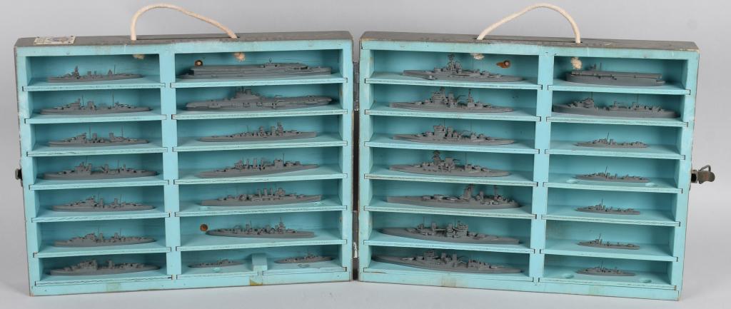 WWII US NAVY CASED BRITISH SHIP MODELS COMPLETE 29: Complete set of a very difficult to find miniature US Navy ship models of British ships cased set containing 1) Royal Sovereign Class BB-1 2) Queen Elizabeth Class BB-10 3) Malaya (Queen Elizabeth Cla