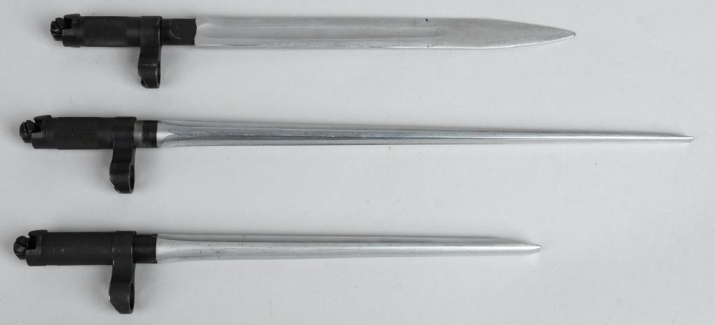 3 CHINESE SKS BAYONETS WITH HARDWARE: 3 Bayonets for the Chinese Type 56 SKS. Cut-down 8.5" spike, 12.5" spike, and flat-blade 9" blade. All have screws which mount to underside of the SKS rifle near the muzzle and can be folded flat once