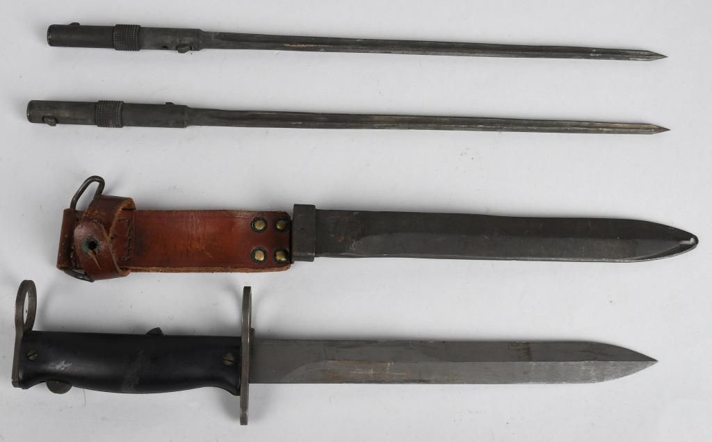3 FRENCH MAS BAYONETS M1936 and M1956: Lot of 3 French MAS rifle bayonets. 2 are "Third Variation Parkerized Spike Bayonets." No Scabbards. 11.5" blades, 15:1" overall. Model 1956 has 2 muzzle rings, parkerized finish, metal scabbard with 