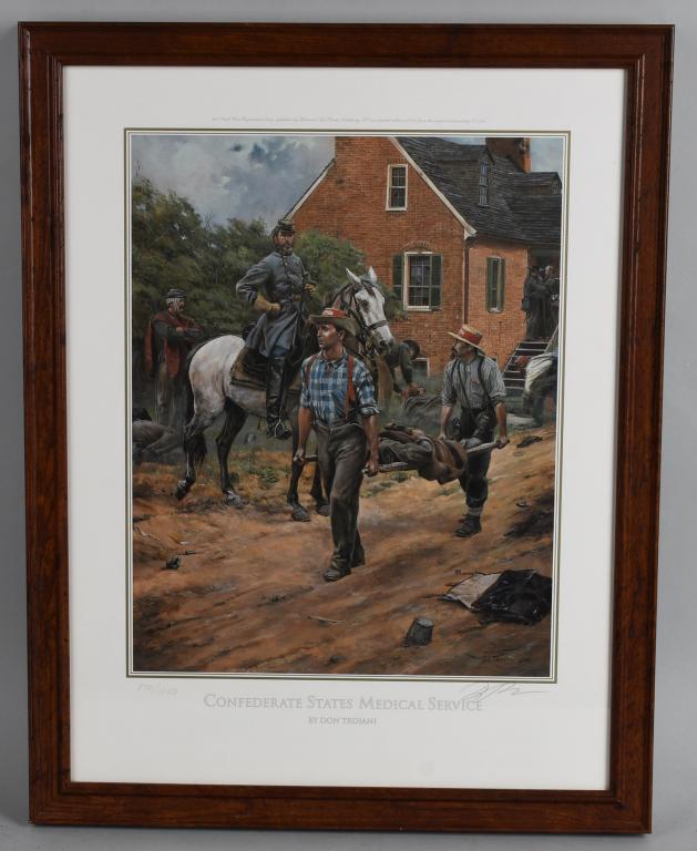 CONFEDERATE MEDICAL SERVICE DON TROIANI PRINT: 14 1/2 x 11 3/8 limited edition print (870 of 1050 in edition) of the Confederate States Medical Service by Civil War artist Don Troiani. Matted, framed, and signed by the artist. Excellent