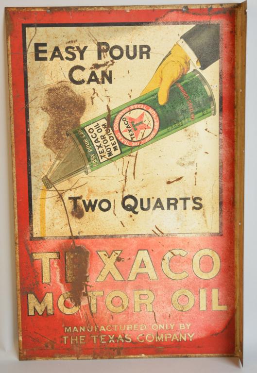 Rare Texaco Easy Pour Can Sign (TAC): rated 6.75 & 6.25, 27.5"x17.5", tin flange sign, display has wear, scratches and fading, reverse has the same plus some of the original paper still stuck to the sign, marked Brilliant MFG. Phila. Pa. 