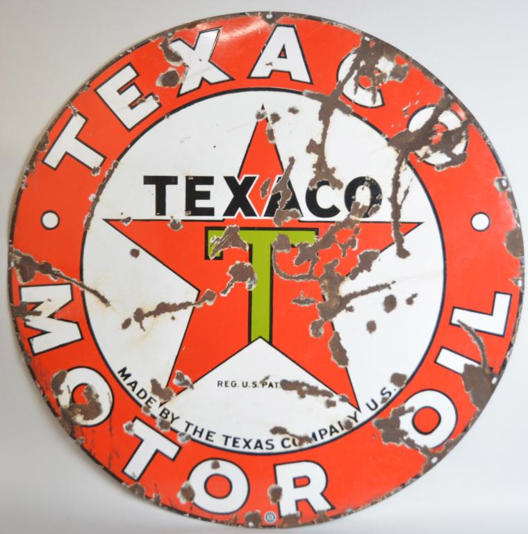 Texaco (black-T) Texaco-Motor Oil SIgn (TAC): rated 6.5, 42"D., SSP sign, has several large chips, this is the harder one to find, it says Texaco-Motor Oil, most say Gasoline-Motor Oil, TAC #004487