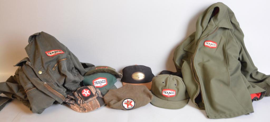 Texaco Clothing & Hat Items: Jacket & OshKosh Coveralls w/Texaco (new logo) patches, hat covers and other hats