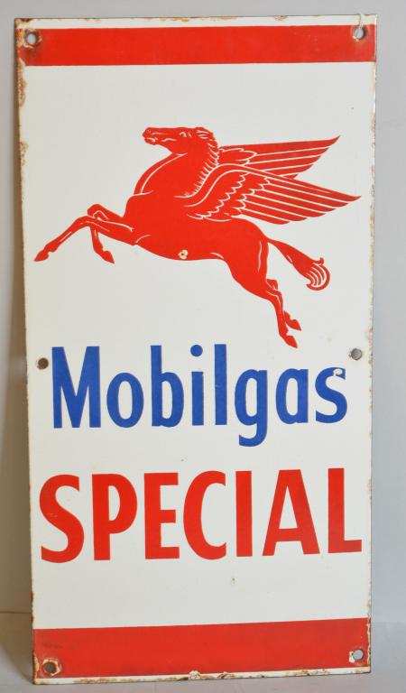 Mobilgas Special w/Pegasus sign (TAC): rated 8.25, 19.75"x10.25", SSP sign, has good color and gloss, has small chips and wear in the field, is a foreign pump sign, TAC #004494