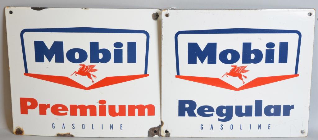 Mobil Regular & Premium Gasoline Signs: rated 7.75, 12"x14", SSP sign, has good color and gloss, wear in the fields, chips at mounting holes
