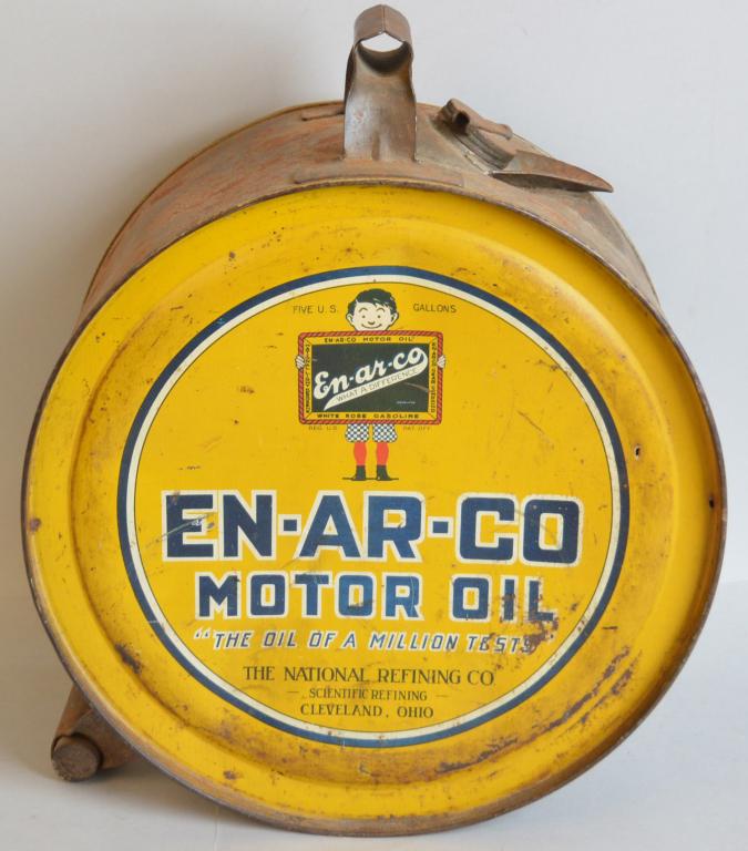 En-Ar-Co Motor oil Rocker Can: rated 8, five gallon rocker can, has very good color and shine, has wear and fine scratches, is empty