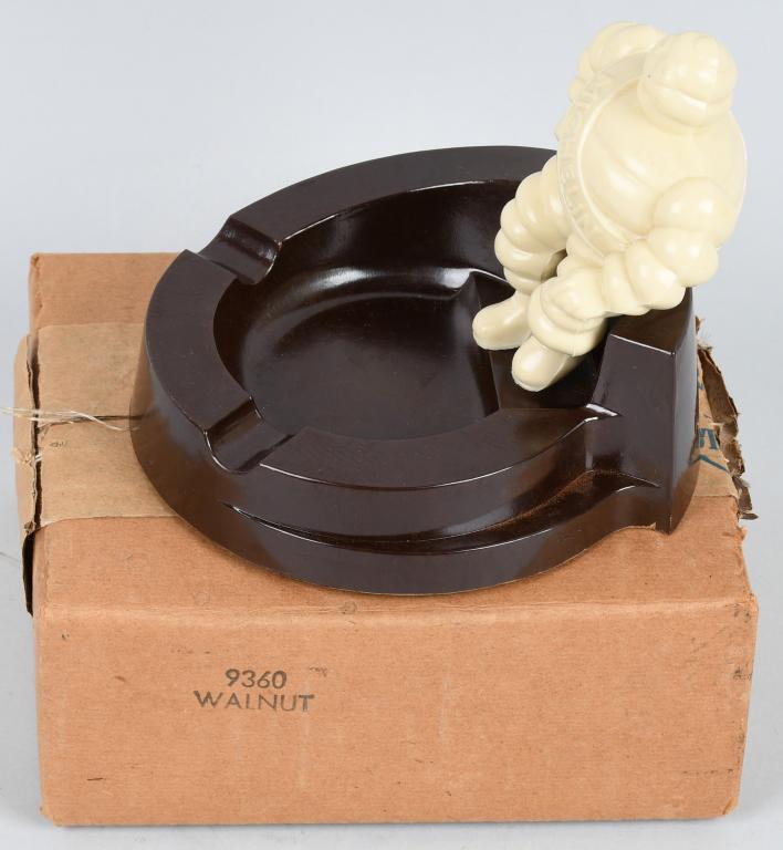 BAKELITE MICHELIN MAN ASH TRAY w/ BOX: 1940s New Old Stock bakelite Michelin Man Ash Tray. with Box. 5" Excellent