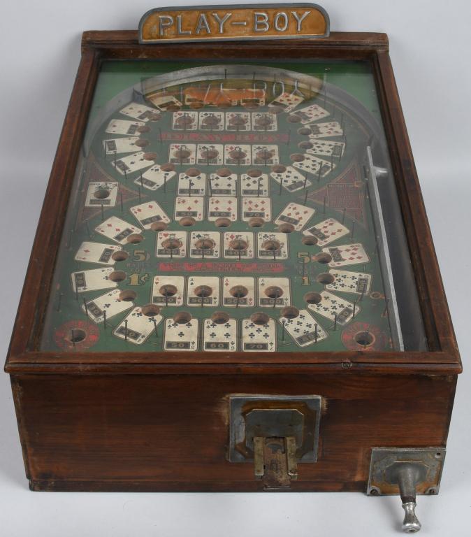 Gottlieb Play Boy 1c Playing Card Coin-Op Machine: All original with wood case and nice play field. has playing card motif. Still has marquee. Wood back door missing. 27"x16" Very Good-Excellent
