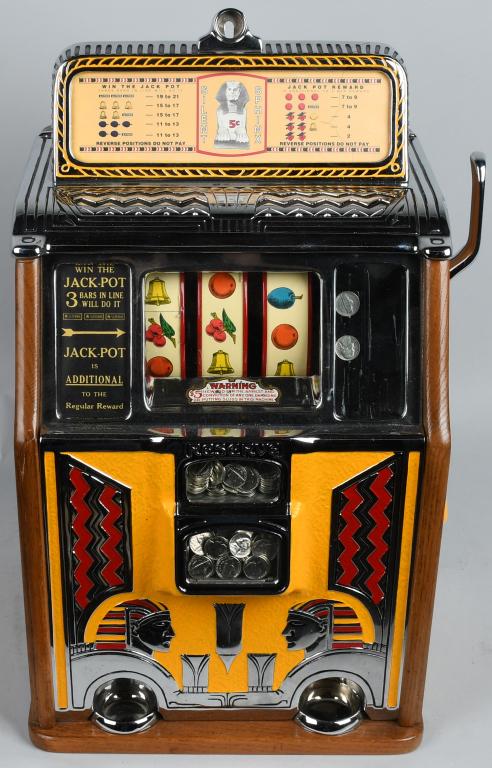 CAILLE SPHYNX 5 CENT SLOT MACHINE: Very nice restored all original machine. Correct door and cash box. Plays and pays correctly. Very Good-Excellent