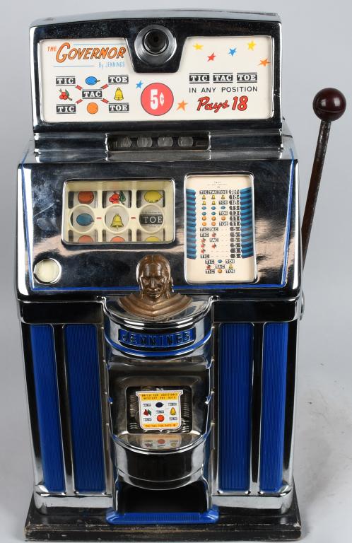 JENNINGS GOVERNOR 5 CENT SLOT MACHINE: Original Jennings Governor Tic-Tac-Toe machine. Chrome parts are possibly replated. Non light up version. Original strips and award card. Original cash box, back door and replacement lock. Plays and p