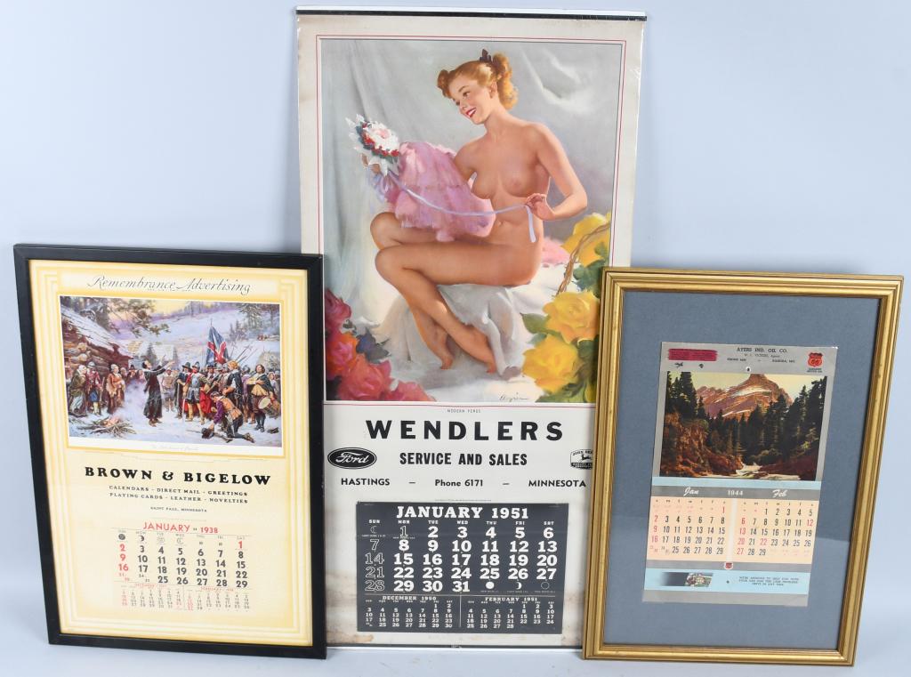 3- VINTAGE ADVERTISING CALENDARS: Includes 1951 Ford with Pinup Girl, 1938 Brown & Bigelow with Sermon at Plymouth, and 1944 Phillips 66 with Yellowstone Park scene. Largest 34"x16" Excellent