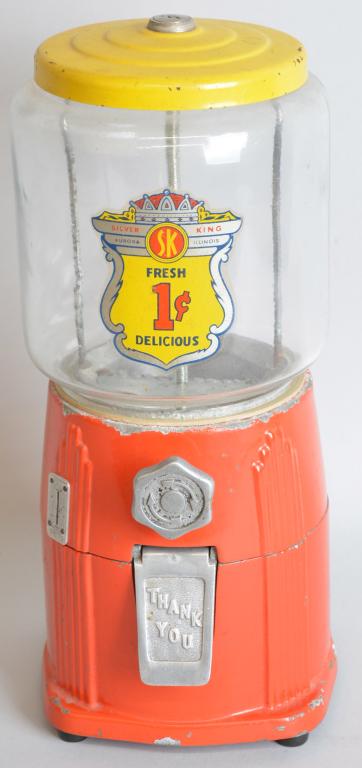 Silver King Penny Gum Ball Machine: rated 7.5, 16"T. has light wear, does have the key