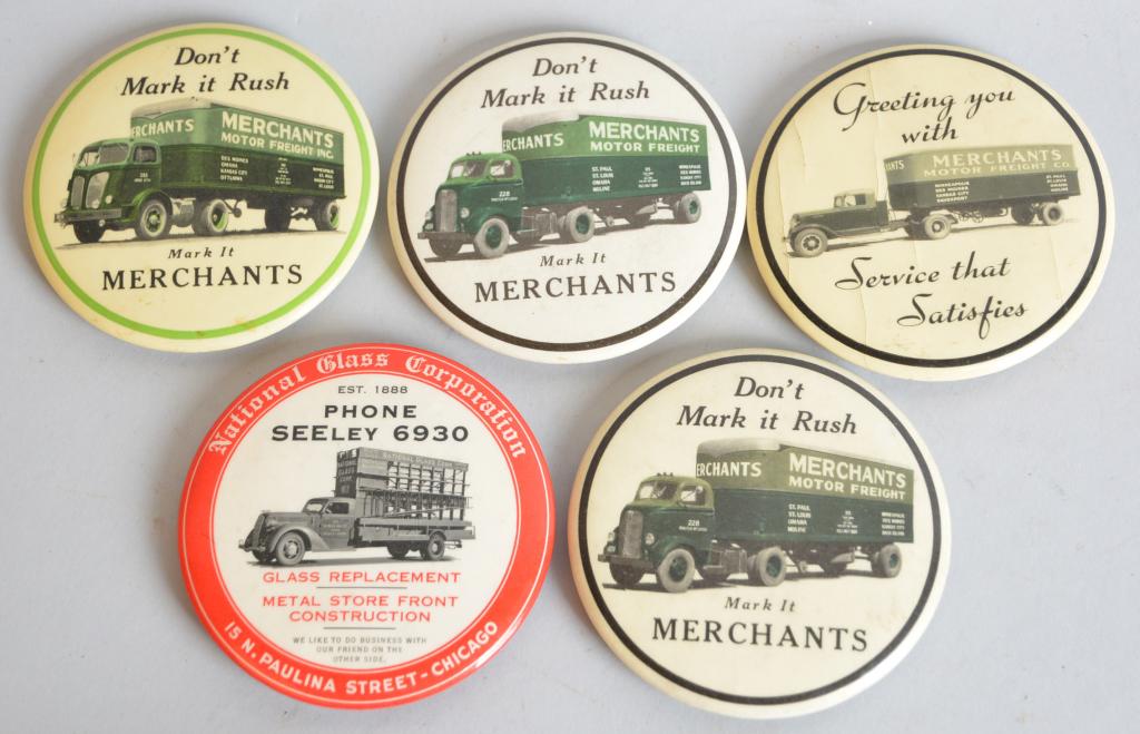 5-Celluloid Advertising Pocket Mirrors w/trucks: 3.5"D., most in good condition, National Glass and Merchants Motor Freight