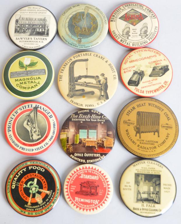12-Celluloid Advertising Pocket Mirrors: 3.5"D. or less, most in good condition, Magnolia Metal, Alpina Sheet Metal and more