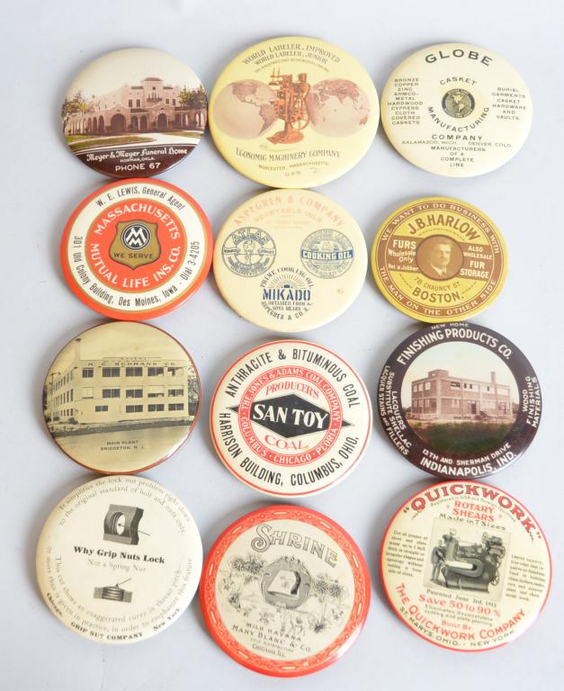 12-Celluloid Advertising Pocket Mirrors: 3.5"D. or less, most in good condition, Globe Casket, Shrine, Economic Machine, San Toy Coal and more