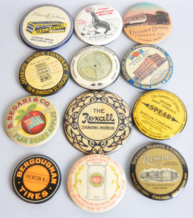 12-Celluloid Advertising Pocket Mirrors: 3.5"D. or less, most in good condition, Bergougnan Tires, Rexall Shaving Mirror, Flag Brand Apples and more