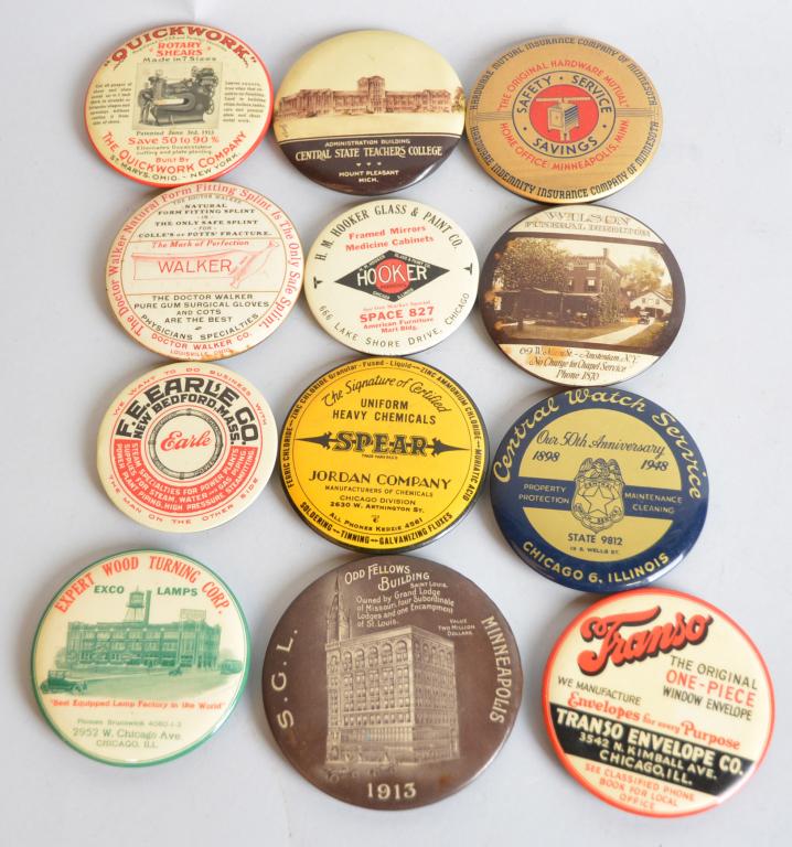 12-Celluloid Advertising Pocket Mirrors: 3.5"D. or less, most in good condition, Hooker Glass, Odd Fellows Hall and more